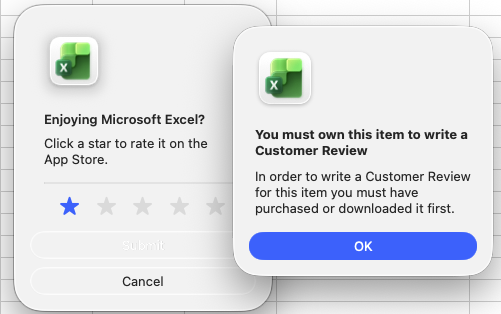 A pop-up message asking me to rate Excel on the app store, with one star selected, and another message over the top saying I must own the item to submit a review.