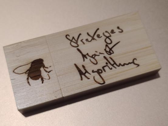 A USB drive in a wooden case with the title Strategies Against Algorithms singed into it