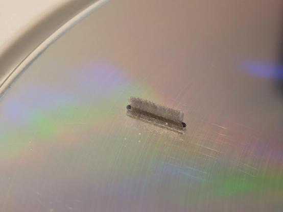 Close up of a CD surface with a tiny brush embedded into it
