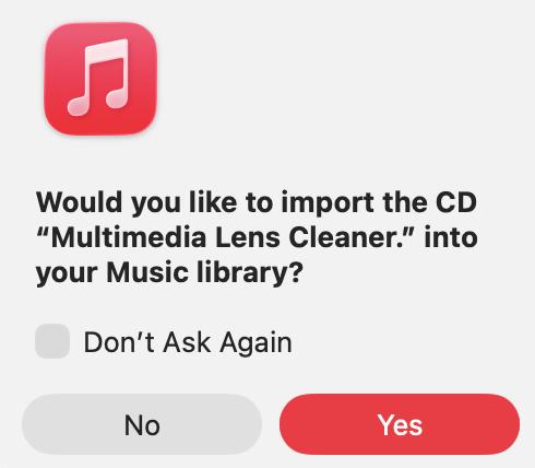 popup message from Apple's Music app asking if I want to import the CD 