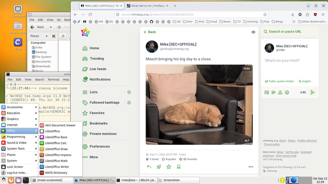 Screenshot of a Mate desktop environment on NetBSD with a web browser showing a Chinwag post with a picture of a cat and an open menu with LibreOffice in the list of applications.