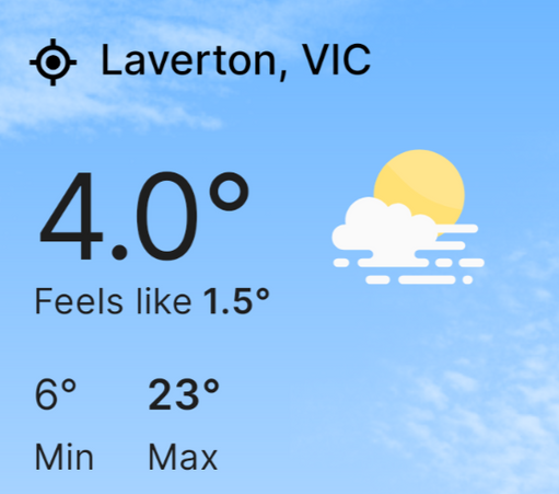 Weather forecast screenshot, current temperature 4 degrees, feels like 1.5, forecast maximum of 23. 